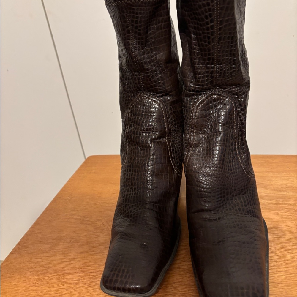 Nine West Dark Brown Textured Heeled Boots - Picture 4 of 5